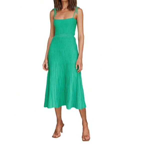 Ribbed knit spaghetti straps tie at shoulder midi dress is soft green - Picture 1 of 8